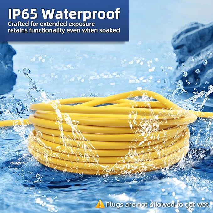 12 Gauge Outdoor Extension Cord 100 FT Waterproof, 3 Prong Plug, SJTW Heavy Duty 15A 1875W, Yellow Extension Cable with Lighted end for Commercial Use and Major Appliances, ETL Listed
