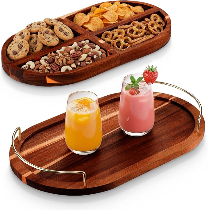 Acacia Serving Platter Snack Tray - Modular Oval Serving Tray for Party Hosting - Trays for Serving Food, Charcuterie, Fruit Platter Tray for Parties, Appetizer Dishes & Dessert Trays