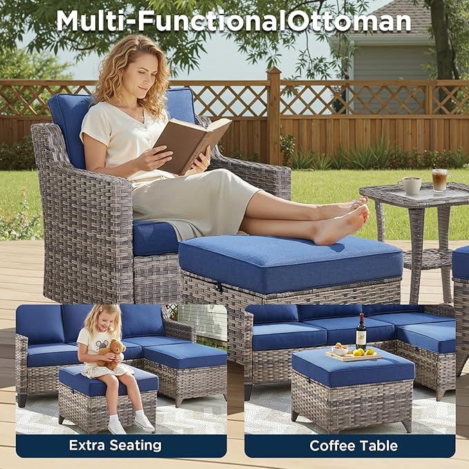 Buenhomino Outdoor Patio Furniture Set-PE Wicker Sofa Couch with Ottomans Comfy Cushions, All Weather High Back Patio Conversation Set for Porch Deck Balcony Garden Grey/Blue