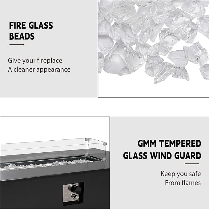 56" Outdoor Propane Fire Pit Table, Rectangle Terrazzo Fire Table w Glass Wind Guard(50,000 BTU), 2 Piece Gas Fire Table in Black w Fire Glass, Rain Cover for Outside, Backyard