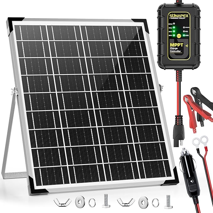 SUNAPEX 12V Solar Battery Charger: 25W Waterproof Solar Panel Kit- Aluminum Trickle Charger for Car Battery with MPPT Controller - Battery Tender Motorcycle Boat Marine RV Trailer Tractor Truck