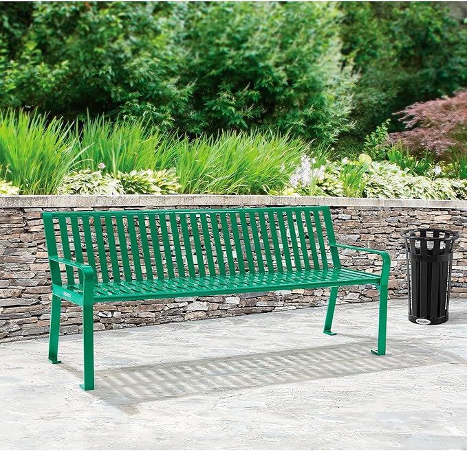 Global Industrial 4 ft. Outdoor Park Bench with Back, Vertical Steel Slat Construction, 600 lbs Capacity, Green, Unassembled, Heavy Duty Commercial Bench