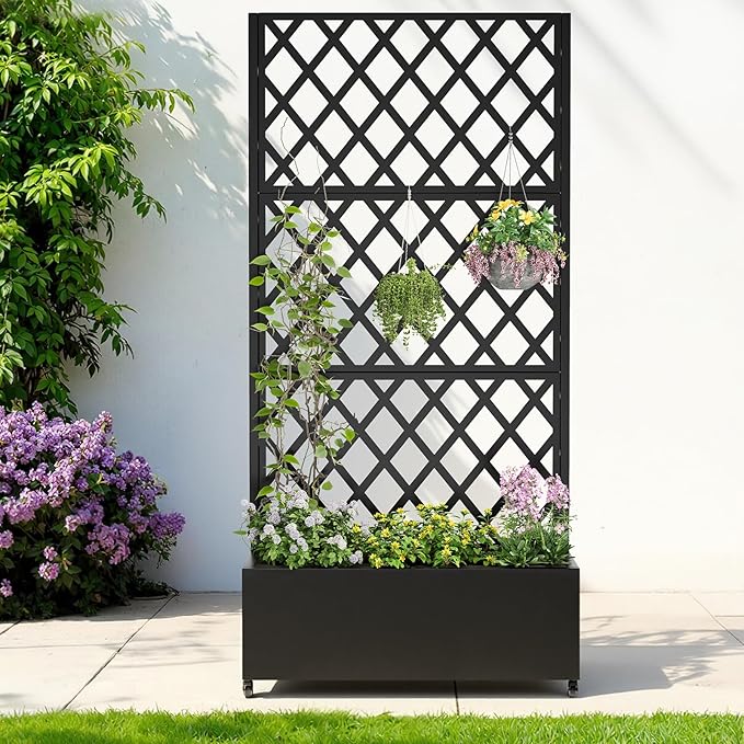 Metal Raised Garden Bed with Trellis & Wheels,72" x 35"x 15.7" Planter Box with Trellis,Privacy Planters for Patio,Garden Bed for Climbing Plants,Suitable for Climbing Plants and Vegetables,Black