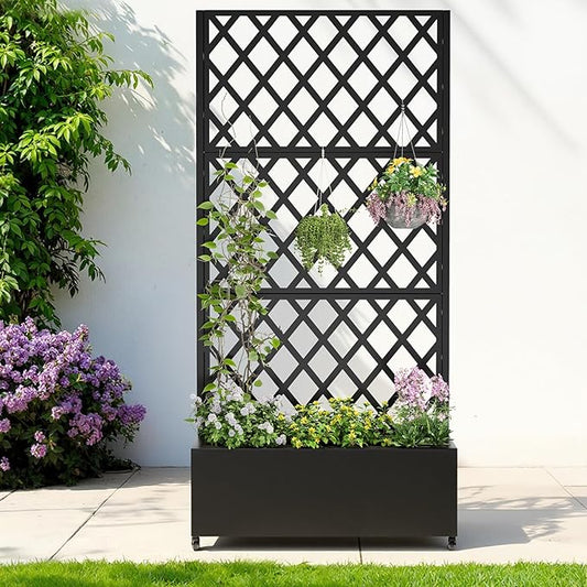 Metal Raised Garden Bed with Trellis & Wheels,72" x 35"x 15.7" Planter Box with Trellis,Privacy Planters for Patio,Garden Bed for Climbing Plants,Suitable for Climbing Plants and Vegetables,Black