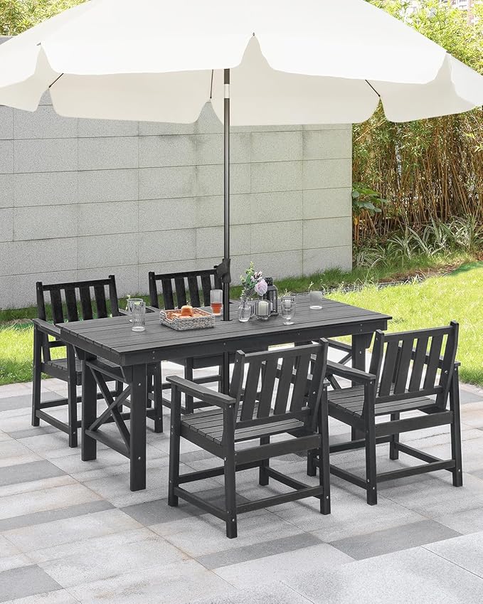 5-Piece HDPE Patio Dining Set, Outdoor Table and Chairs with Umbrella Hole, Modern Outdoor Dining Set for 4, HDPE Outdoor Patio Furniture Dining Sets for Deck, Poolside, Porch, Obsidian