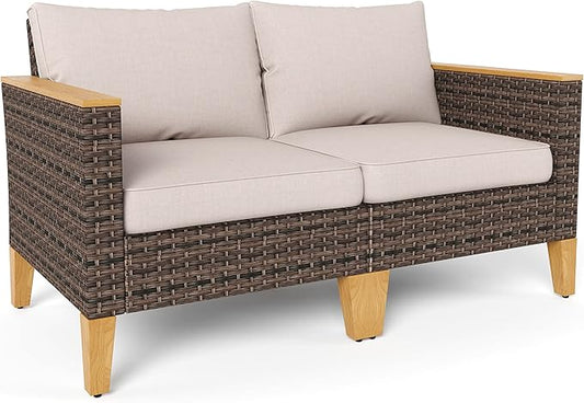 Sophia & William Outdoor Patio Furniture Set High Back Wicker Sofa Chairs All-Weather Patio Conversation Set Couch with Clips & 4" Thick Cushions, Beige
