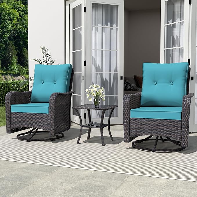 ALAULM Outdoor Swivel Rocking Chairs Set of 2 with 4”Thick Cushions and High Back,Wicker Patio Chairs w/Side Table for Patio, Porch, Poolside, Deck, Backyard, Garden-Blue