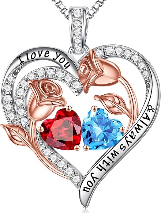 Iefil Christmas Gifts for Women Wife - 925 Sterling Silver Rose Heart Birthstone Necklace Birthday Anniversary Jewelry Gifts for Her Wife Mom Daughter
