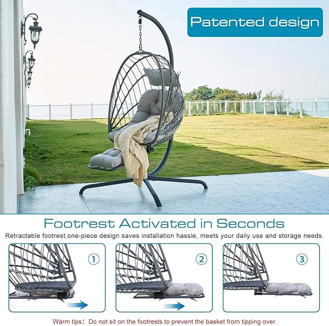 Hanging Egg Chair with Leg Rest and Stand – Rattan Wicker Swing Hammock Chair, UV-Resistant Cushion, Heavy-Duty Frame for Indoor & Outdoor Patio, Bedroom, Balcony, Garden – 330 lbs Capacity(Grey)