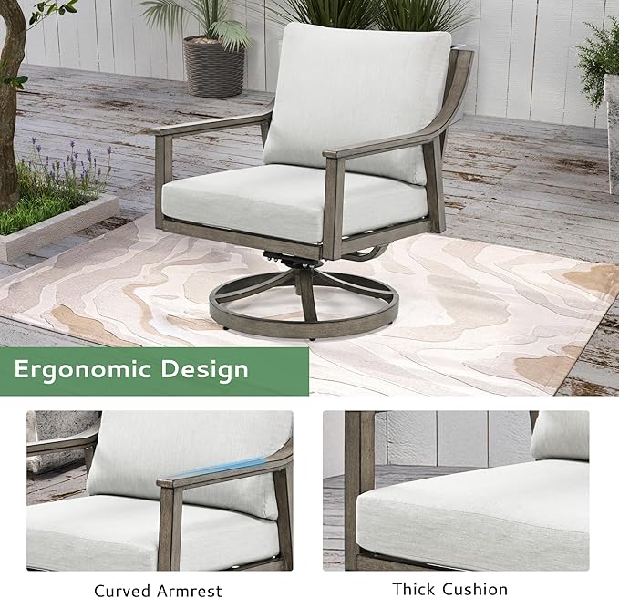 3-Piece Patio Conversation Bistro Sets, Outdoor Aluminum Bistro Sets with Thick Cushion, Modern Side Table and Swivel Chairs Set of 2, Rustproof and Waterproof for Porch Deck Garden, Grey