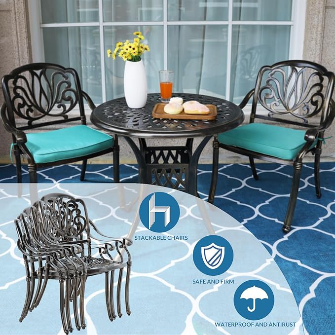 MEETWARM 3 Piece Patio Bistro Set, Outdoor All-Weather Cast Aluminum Dining Furniture Set Includes 2 Cushioned Chairs and a 31” Round Table with Umbrella Hole for Garden Deck, Ocean Blue