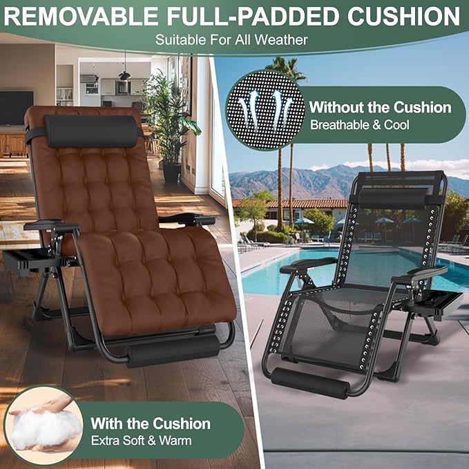 XXL Zero Gravity Lounge Chair 33", Oversized Padded Folding Recliner for Patio with Storage Bag, Removable Cushion, Footrest, Full Aluminum Lock & Large Cup Holder, Supports 500 lbs, Brown