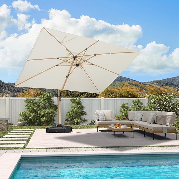 PURPLE LEAF 9' x 12’ Rectangle Patio Cantilever Umbrella Large Hanging Umbrella Teak Finished Aluminum Frame Windproof Offset Outdoor Sun Umbrellas for Beach Pool Deck, Cream