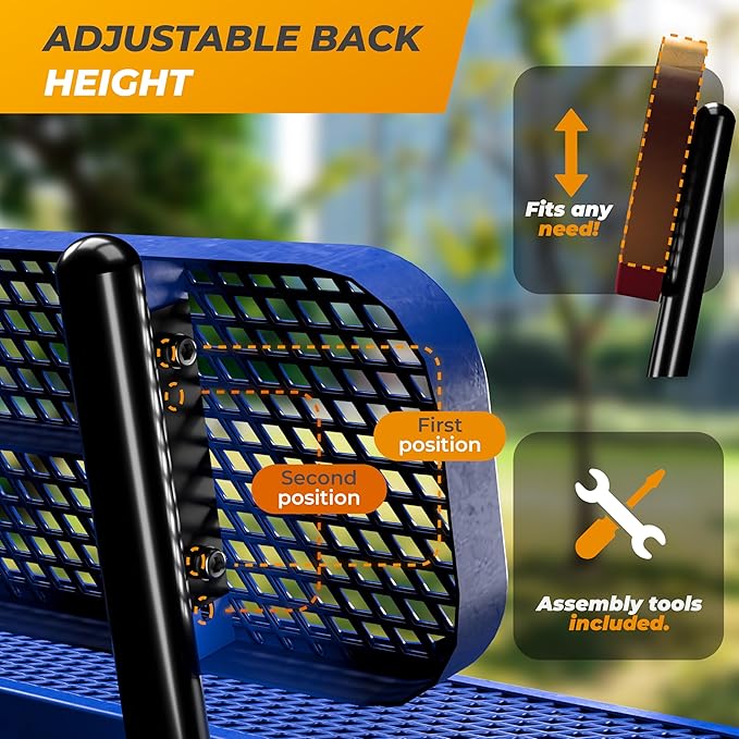 Heavy-Duty Outdoor Metal Bench, Thermoplastic-Coated, Portable, Weatherproof, Commercial-Grade for Parks, Gardens, Patios, Stores & More (6 Ft - Portable with Back, Blue)