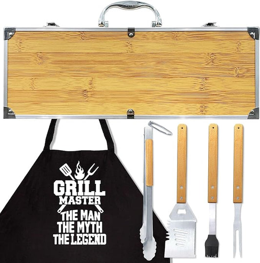 Grilling Accessories Anniversary Christmas Birthday Gifts for Dad, Heavy Duty Wooden BBQ Kit with Apron for Backyard, Thick Stainless Steel Grill Utensils with Non-Slip Handle Tools in Portable Bag