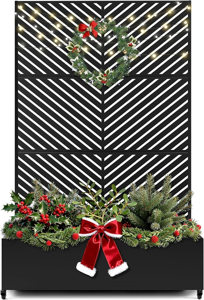 FENCY Metal Raised Garden Bed with Wheels and Trellis,73"x47"x16" Planter Box for Climbing Plants, Vegetables & Vines, Features Privacy Screen and Drainage Holes (Black-Arrow)