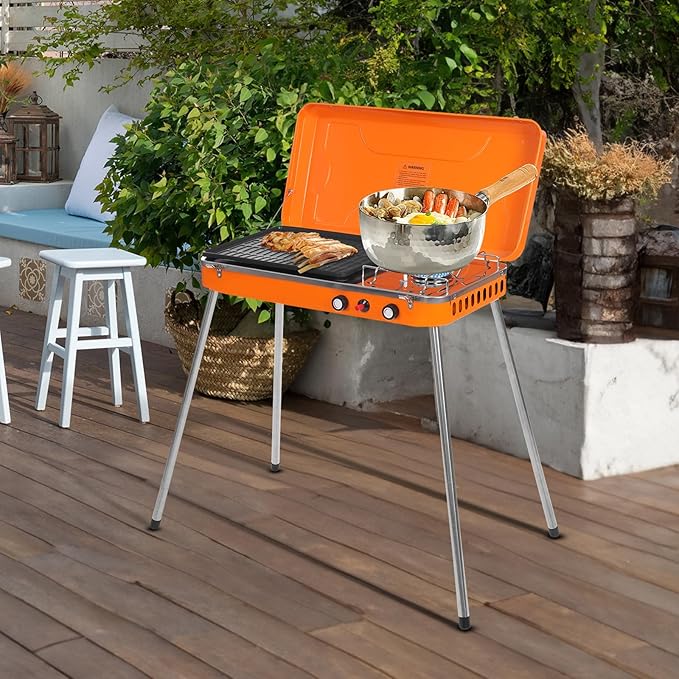 Portable Gas Grill Cooker,2-in-1 Gas Camping Stove with Detachable Legs,11,720 BTU Outdoor Grill Stove for Barbecues,Parties,Camping
