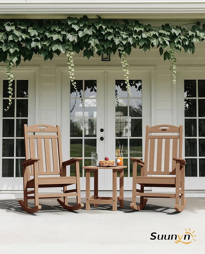 Oversized Outdoor Rocking Chair Set of 4, High Back Porch Rocker Chair, HDPE All Weather Resistant Rocking Chairs for Patio, 386lbs Weight Capacity, Teak