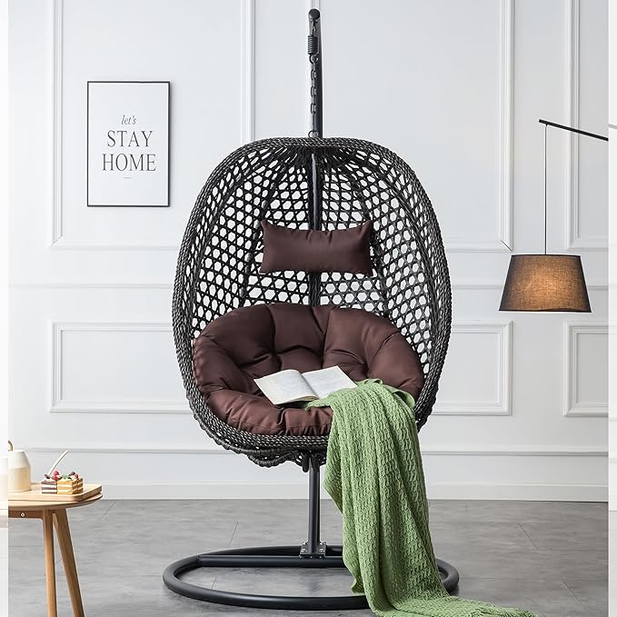 Hanging Egg Chair with Stand, Egg Swing Chair with Stand Indoor Outdoor, Black Wicker Swing Egg Chair for Adults, Hammock Chair with Comfortable Cushion and Stable Round Metal Base for Bedroom Patio