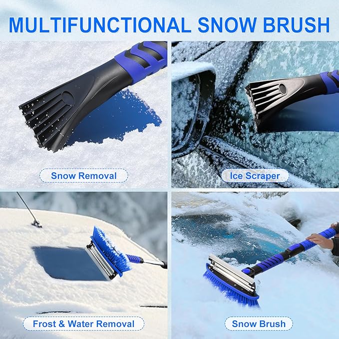 62.4" Foldable Snow Brush and Ice Scrapers for Car Windshield, Adjustable & Extendable Ice Removal Tool with Non-Slip Foam Grip, 180° Pivoting Snow Brush for Car, SUV, Truck, Blue