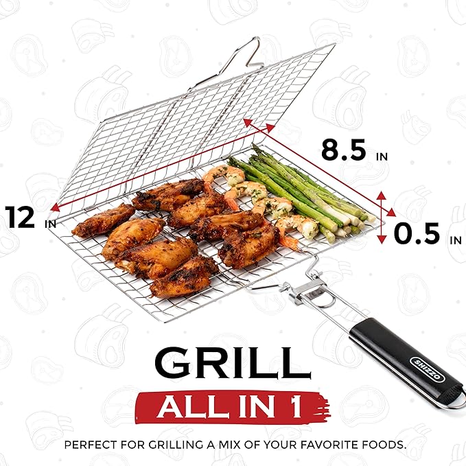SHIZZO Shallow Grill Basket Set, Grilling Accessories Barbecue BBQ, Stainless Steel Folding Portable Outdoor Camping Rack for Fish, Shrimp, Vegetables, Cooking Accessories, Gift for Family, Freinds
