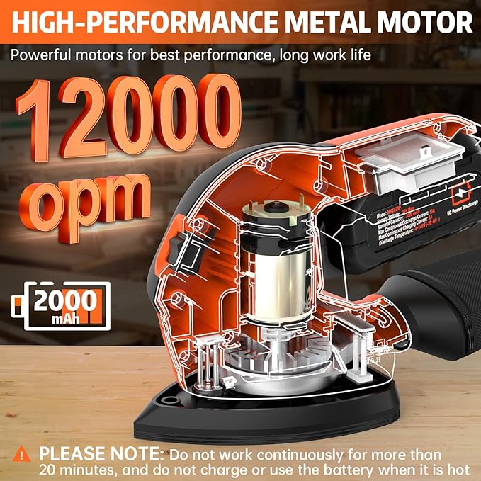 [Large 2.0Ah Battery] Cordless Detail Sander - 20V Electric Hand Sander for Woodworking with Dust Collector, 12000 OPM Palm Sander Tool with 21PCS Sanderpapers for Sanding, Polishing