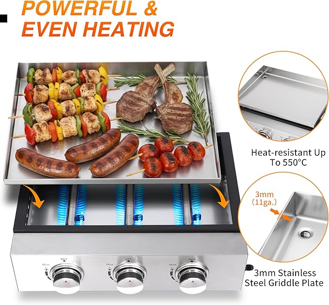 Burner Table top Propane Griddle with Detachable Top | Ultimate Portable Outdoor Cooking Station | Includes Stainless Steel Warming Rack for Camping, Tailgating & BBQs (3 burner)