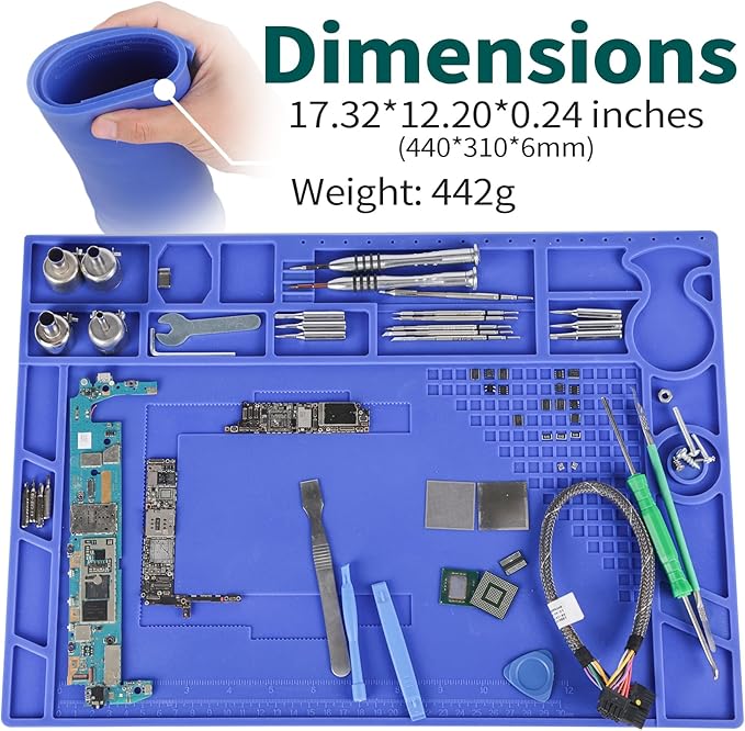 YIHUA M170 Heat-resistant Soldering Mat with Multiple Storage Slots, Built-in Ruler, Magnetic Zones, PCB Slot, Bendable Soft Silicone Soldering Mat, Dimensions 17.32*12.20*0.24 inches (440*310*6mm)
