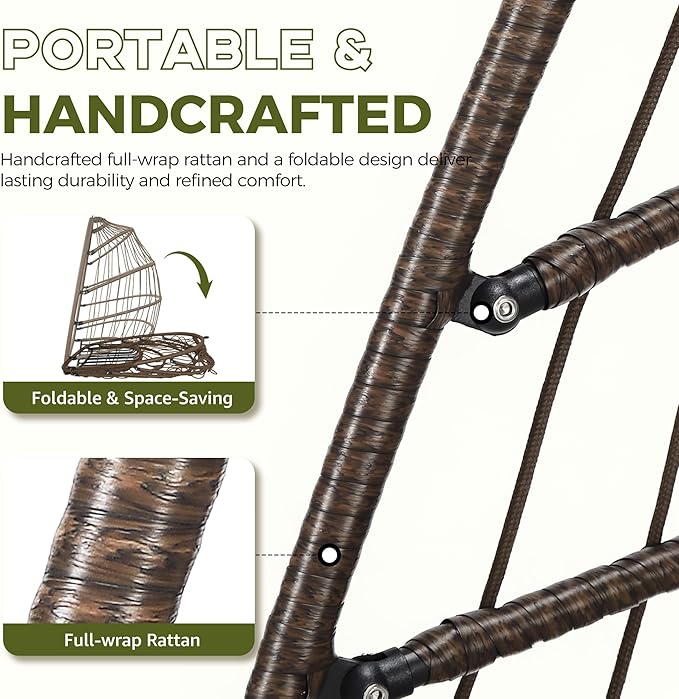 RADIATA Modern Hanging Egg Chair with Stand, Outdoor Wicker Swing Hammock Chair with Padded Cushion, 350Lbs Free-Standing Eggshell Basket Seat for Garden Patio Balcony Indoor Reading Nook, Brown