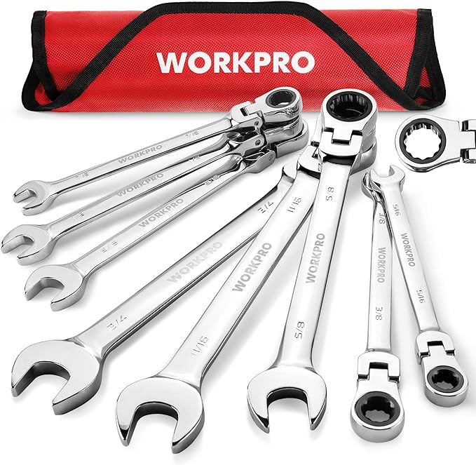 WORKPRO 8-piece Flex-Head Ratcheting Combination Wrench Set, SAE 5/16-3/4 in, 72-Teeth, Cr-V Constructed, Mirror Polished Chrome Plated with Roll Up Pouch