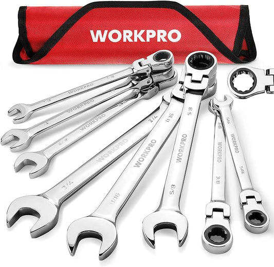 WORKPRO 8-piece Flex-Head Ratcheting Combination Wrench Set, SAE 5/16-3/4 in, 72-Teeth, Cr-V Constructed, Mirror Polished Chrome Plated with Roll Up Pouch