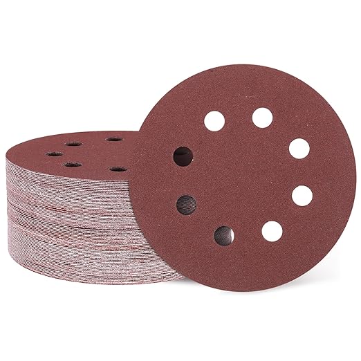 HARFINGTON 50 Pcs 5 Inch Sanding Discs, 150 Grit Hook and Loop Sandpaper, 8-Hole Aluminum Oxide Orbital Sander Sandpaper for Woodworking Automotive Metal Polishing, Red