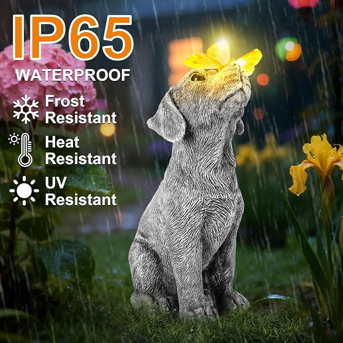 Garden Statues Dog Statue with Solar Butterfly, Ideal Gifts for Friends or Family's Birthday, Outdoor Decorations for Yard