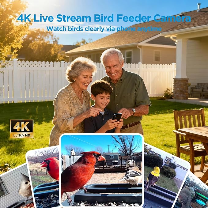 Smart Bird Feeder with Camera Solar Powered,4K Camera with UHD Video Live Stream,No Subscription,Identify 10,000+ Birds with AI,Instant Alerts,Elderly-Friendly,No Wi-Fi Needed,Gifts for Bird Lovers