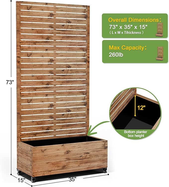 FENCY Metal Raised Garden Bed with Wheels and Trellis,73"x35"x16" Planter Box for Climbing Plants, Vegetables & Vines, Features Privacy Screen and Drainage Holes (Wood Color)
