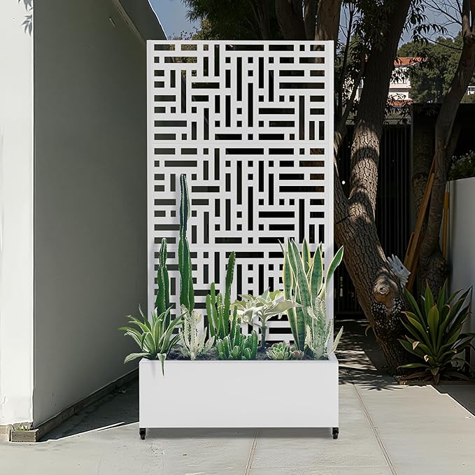 Metal Raised Garden Bed with Trellis Privacy Screen for Outdoor Plants, Planter Box with Wheels for Patio, 35"L×16"W×71"H Privacy Planters for Climbing Vegetables, Flowers, Fruits (White Street)