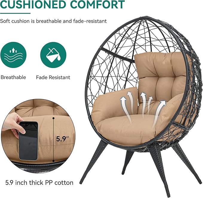 YITAHOME Large Wicker Egg Chair with Stand for Indoor and Outdoor, Cushion, and Adjustable Leveling Feet, Large Lounger for Garden, Patio, Balcony, Backyard,Supports up to 330lbs, Beige