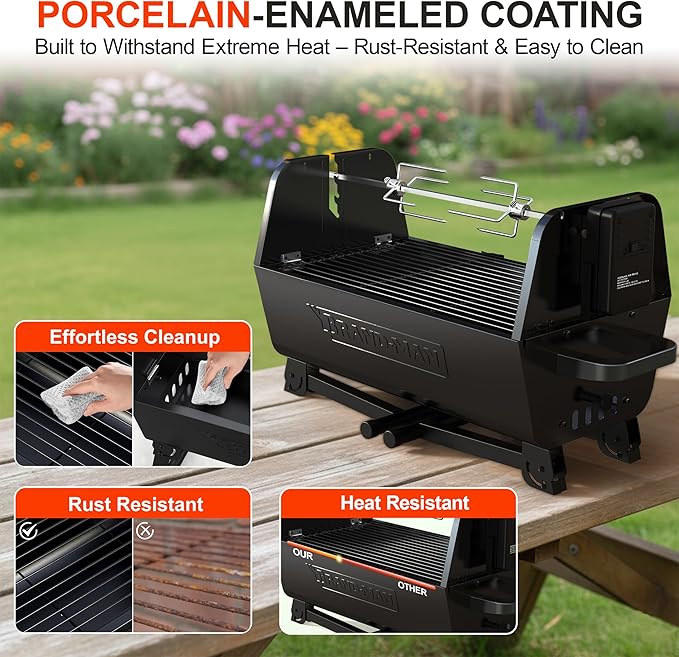 Brand‑Man 2‑in‑1 Charcoal BBQ Grill with Motorized Rotisserie – Portable, Foldable Grill, 257 sq in Outdoor BBQ Grill for Camping & Tailgate, Adjustable Height, Dual Vents