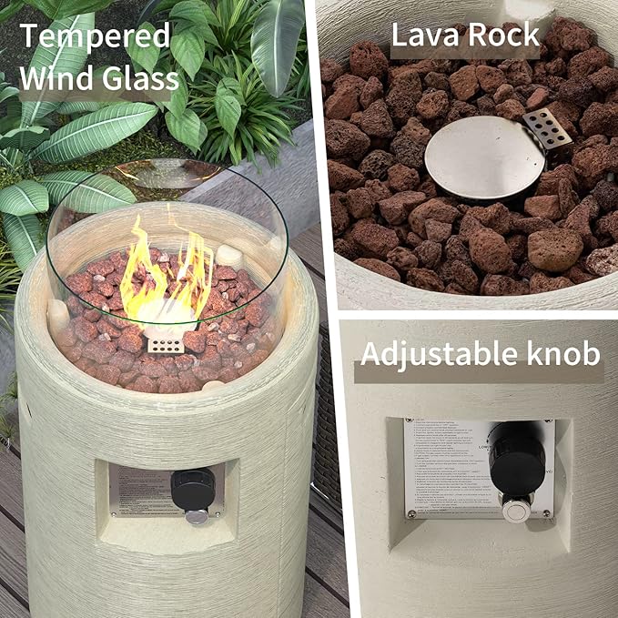 SUNBURY Outdoor Propane Fire Pit, Stone Like Fire Pit Table with Glass Wind Guard, Waterproof Cover, 40000BTUS Small Column Firepit Garden Lighting (Creamy White)