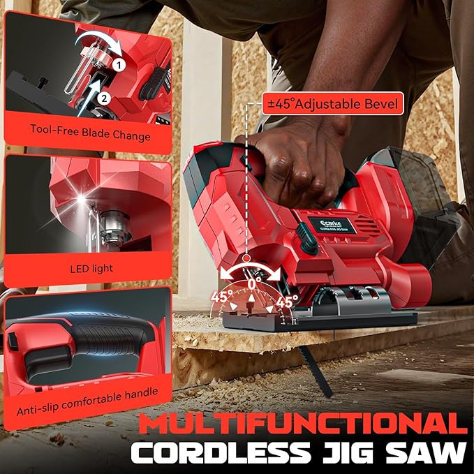 Ecarke Cordless Jig Saw Compatible With Milwaukee 18V Battery, Brushless, 4 Orbital Sets, 7 Speeds Dial Control, Dust-Blowing, ±45° Bevel Cuts, LED Light and 6PCS Blades For Cutting (Without Battery)