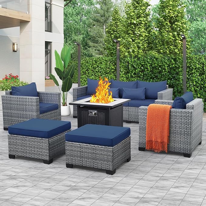 6 Pieces Wicker Patio Furniture Sets Outdoor Conversation Set PE Rattan Sectional Sofa Couch with 30" Fire Pit Table and Royal Blue Cushions