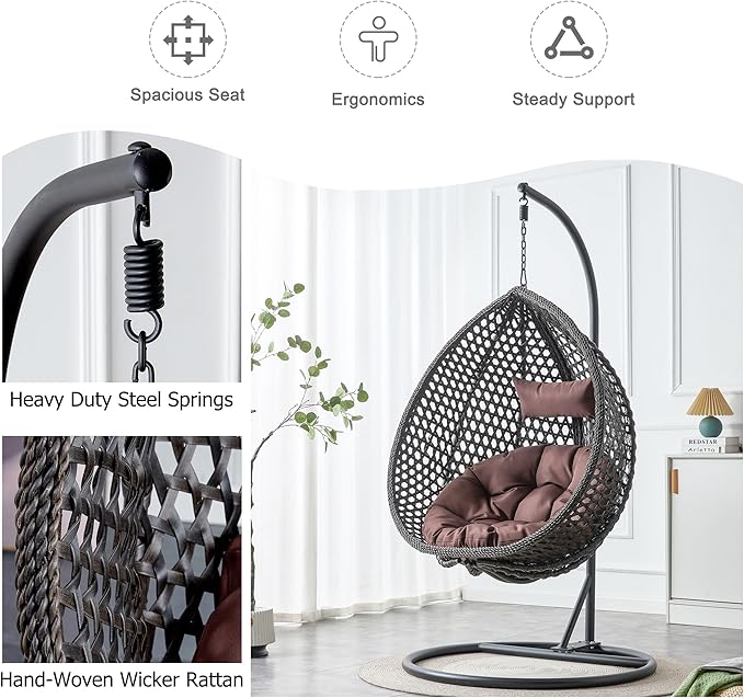 Hanging Egg Chair with Stand, Egg Swing Chair with Stand Indoor Outdoor, Black Wicker Swing Egg Chair for Adults, Hammock Chair with Comfortable Cushion and Stable Round Metal Base for Bedroom Patio