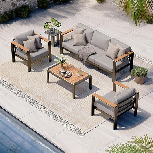 Aluminum Outdoor Patio Furniture Set with Coffee Table, 4 Piece Patio Conversation Sets with Washable Thick Cushions, Patio Sectional Furniture Set for Poolside, Balcony, Deck, Gray