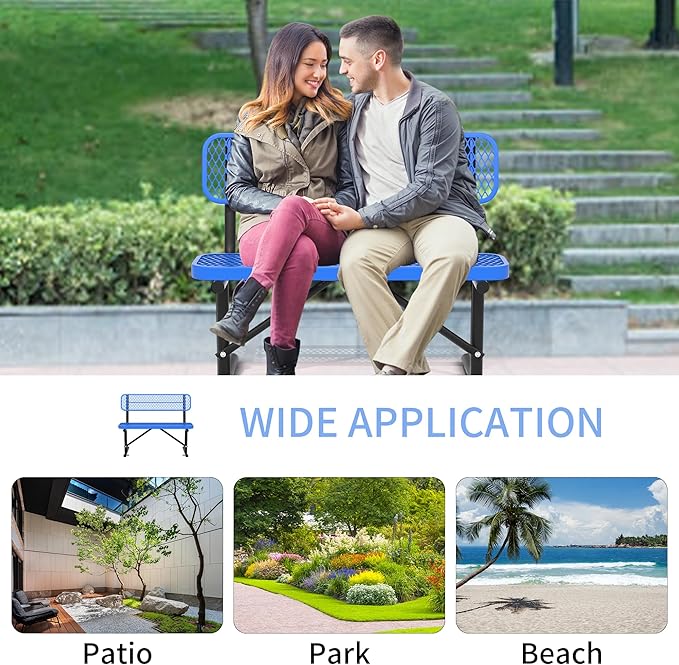 4 Ft Metal Park Bench for Outside, All-Weather Thermoplastic Coating Outdoor Bench with Backrest, Commercial Heavy Duty Benches for Shopping Malls, Stores, Parks, Patios, Decks, Blue