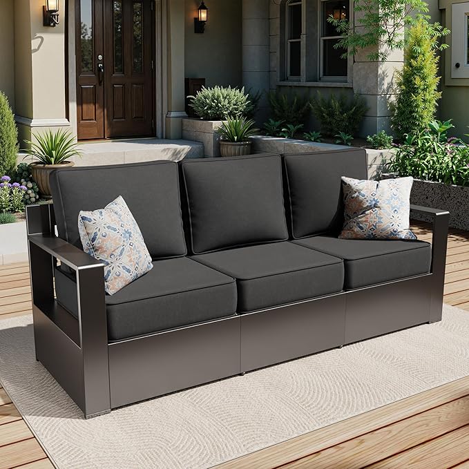 79" Aluminum Patio Sofa - All Weather Outdoor 3-Seat Sofa Couch with 6" Water-Resistant Cushions & Rectangular Framed Metal Armrest & Sofa Cover for Garden Porch (Grey)