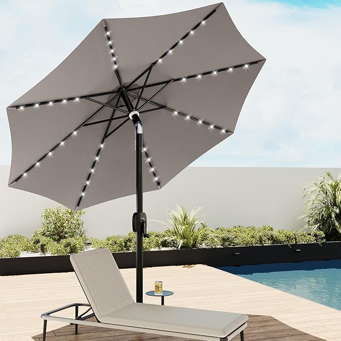 EAST OAK Patio Umbrella, 9 ft Outdoor Table Umbrella with 40 LED Solar Lights and 8 Ribs, 1.9inch Aluminum Pole, UPF 50+ Fade Resistant and Push Button Tilt for Deck and Poolside, Mountain Gray