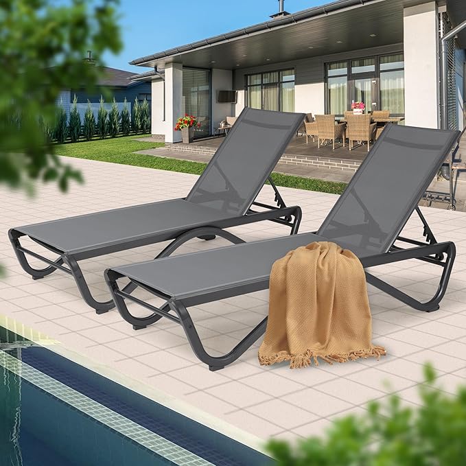 Kozyard 2Pack Patio Chaise Lounge Chair Full Flat Alumium Adjustable Chair Flat Chaise Lounge Outdoor Chair for Sunbathing, Poolside, Beach, 2Gray Textilene Lounge