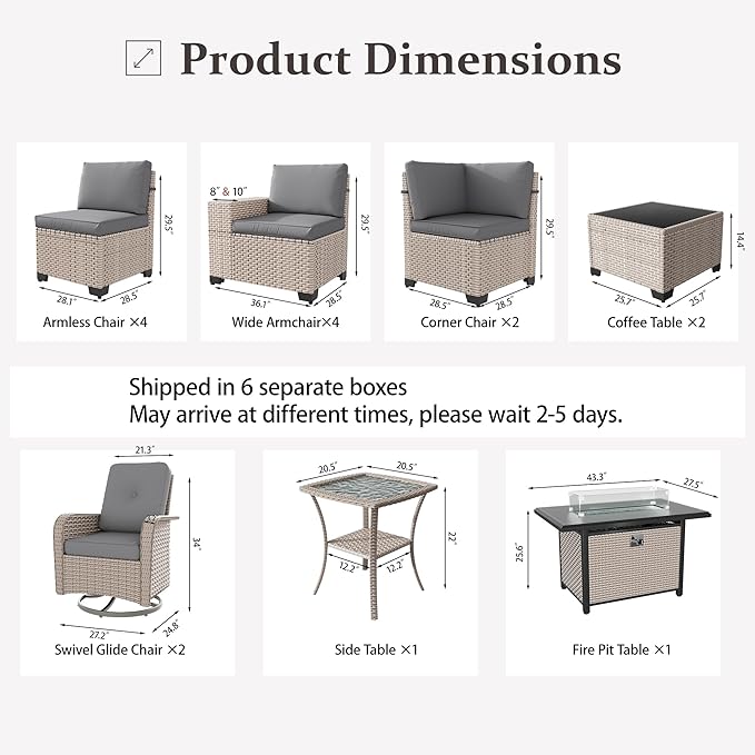 16 Pieces Patio Furniture Set with Fire Pit Table, Outdoor Sectional Wicker Sofa with Thick Cushions, High Back Swivel Rocker Patio Chairs, Rattan Conversation Set with Coffee Table, Grey