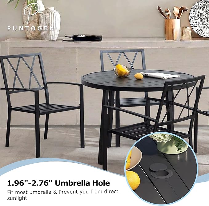 7 Piece Outdoor Dining Set, Patio Dining Set for 6, 47" Black Round Table with 6 Black Metal Outdoor Dining Chairs with Armrest for Lawn, Garden, or Porch