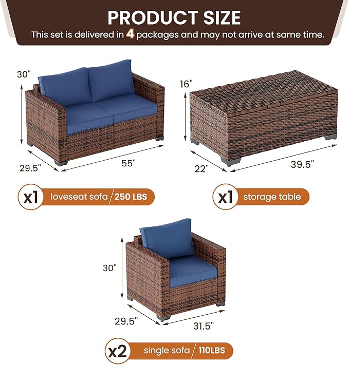 UDPATIO 4 Pieces Balcony Furniture, Outdoor Patio Furniture with Storage Coffee Table, Oversized Armrest Wicker Patio Set with Blue Cushions for Backyard Porch Garden Poolside